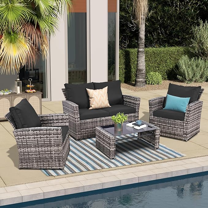 FHFO Oversized 4 Piece Outdoor Patio Furniture Set,Wicker Conversation Sets Outdoor Sectional Patio Sofa Couch with Cushions & Coffee Table for Outside, Garden, Balcony, Porch, Grey/Black