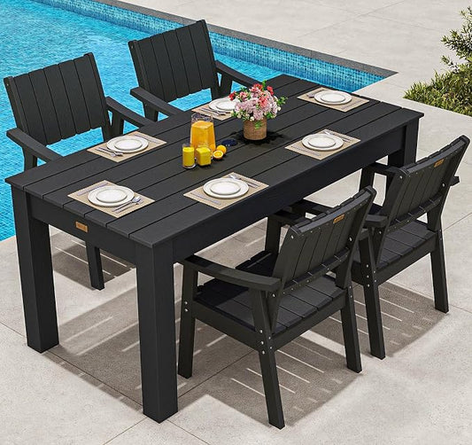 ZHUSI Patio Table and Chairs Set, Outdoor Table and Chairs,HDPE Outdoor Dining Set with Umbrella Hole for Backyard, Poolside, Porch (Black, 5 PCS) by ZHUSI