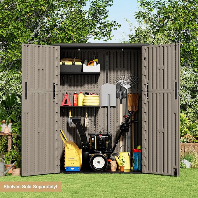 KINYING Outdoor Storage Cabinet Waterproof, 57 Cu.ft Resin Vertical Outdoor Storage Shed for Patio Furniture, Garden Tools, Pool Accessories, Mower Storage (Brown) - Image 5