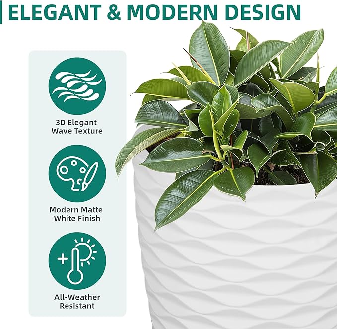 19" Nordic Wavy Tall Outdoor Planters, Set of 2 Ultra Durable Resin Large Flower with Drainage Holes, Weather-Resistant Outdoor Planters for Garden Patio Porch Balcony Living Room Office Decor
