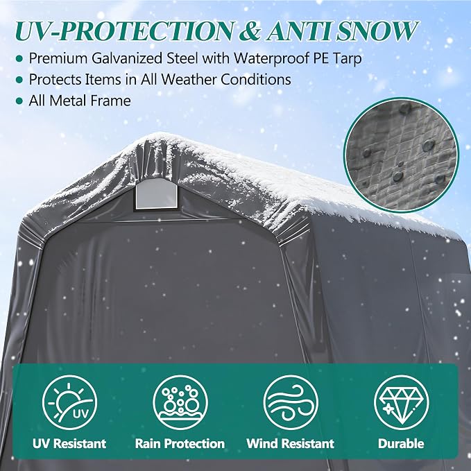 GARTOO 7' x 12' Outdoor Storage Shed- Heavy Duty Storage Shelter Tent with Roll-up Ventilated Door, Portable Garage Zipper Storage shed for Bike, ATV, Motorcycle Shelter, Gray - Image 4