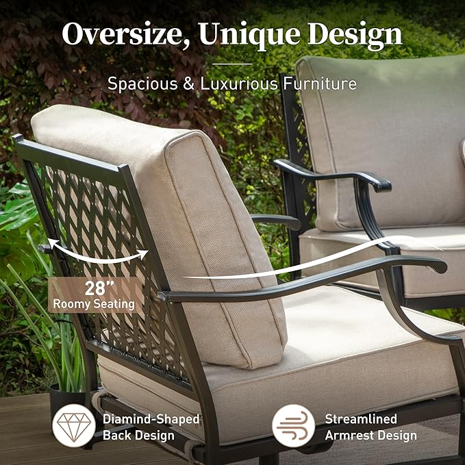 6 Piece Metal Outdoor Patio Furniture Set, Patio Conversation Sets 1 3-seater Sofa, 2 Swivel Chair, 2 Leg Chair with 5.75" Thick Cushion and Coffee Table, Backyard Furniture Set, Beige