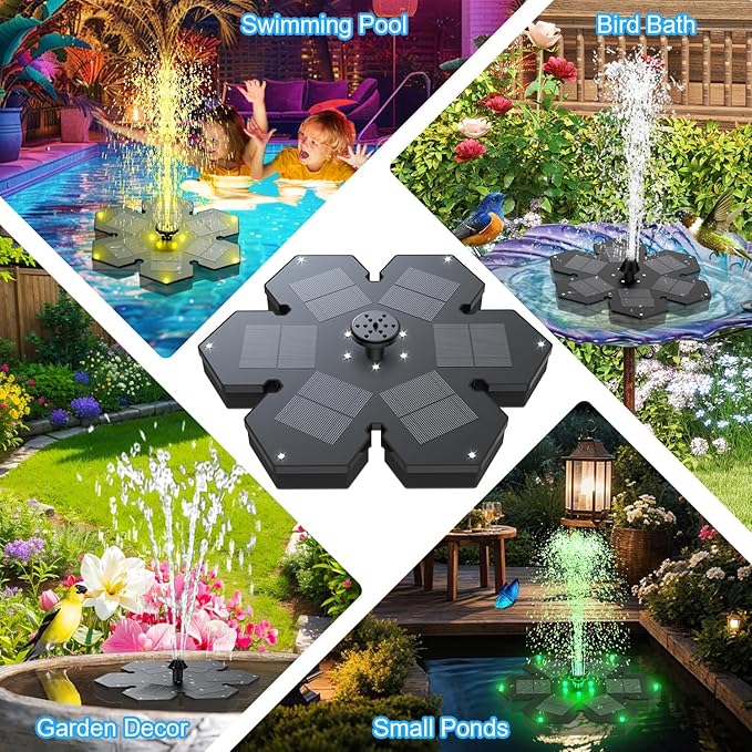 Solar Fountain Snowflake Style, 2025 Upgrade 3.5W Solar Bird Bath Fountains, Solar Powered Water Fountain with 2000mAh Battery, LED Lights, 7 Nozzles for Hummingbird, Garden, Pool, and Pond