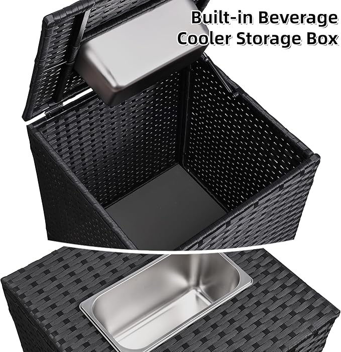 FHFO 4 Piece Outdoor Patio Furniture Set with Built-in Beverage Cooler Storage Box, Wicker Conversation Sets Patio Outdoor Loveseats & Coffee Table for Outside, Garden, Balcony, Porch, Black/Beige