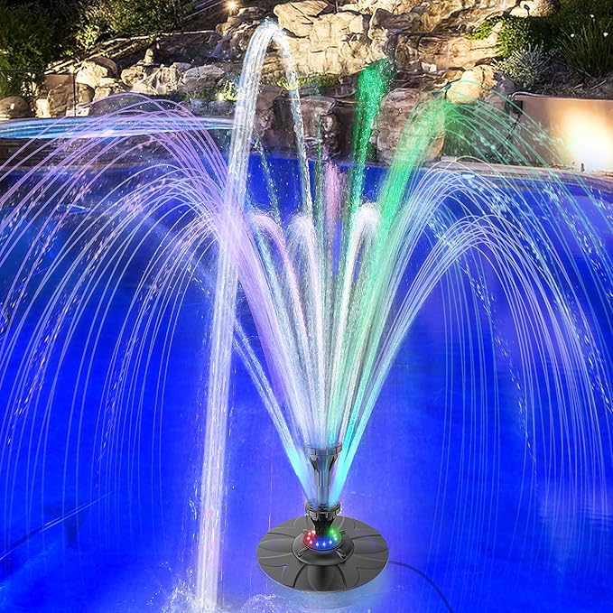 Yzert Pond Fountain with 12 Colorful Lights, 32.8ft Power Cord Adapter Electric Pool Fountain with 2-Tier Water Floating Waterfall Fountain for Outdoor Garden
