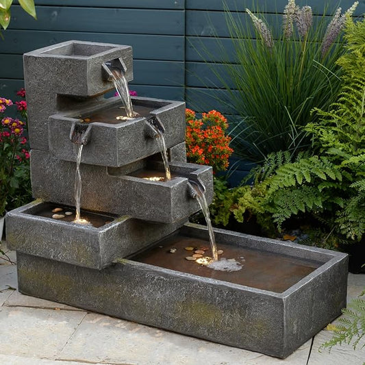 Tiered Water Fountain Outdoor Garden - Waterfall Indoor Freestanding Cascade Fountain Concrete Artistry Modern Style with LED Lights for Patio Yard Pool Home Decor,32.5 inches Long