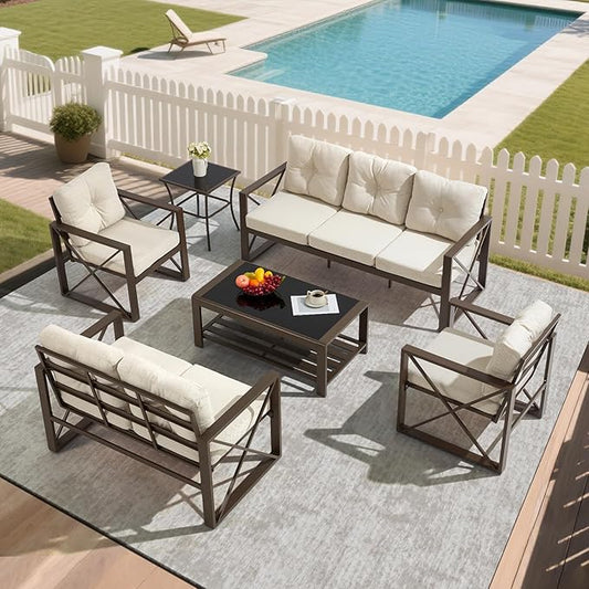 6 Pieces Outdoor Patio Furniture Set, Metal Porch Furniture Set, Outdoor Sectional Conversation Set w/Coffee Table & Side Table for for Poolside, Balcony, Yard, Beige