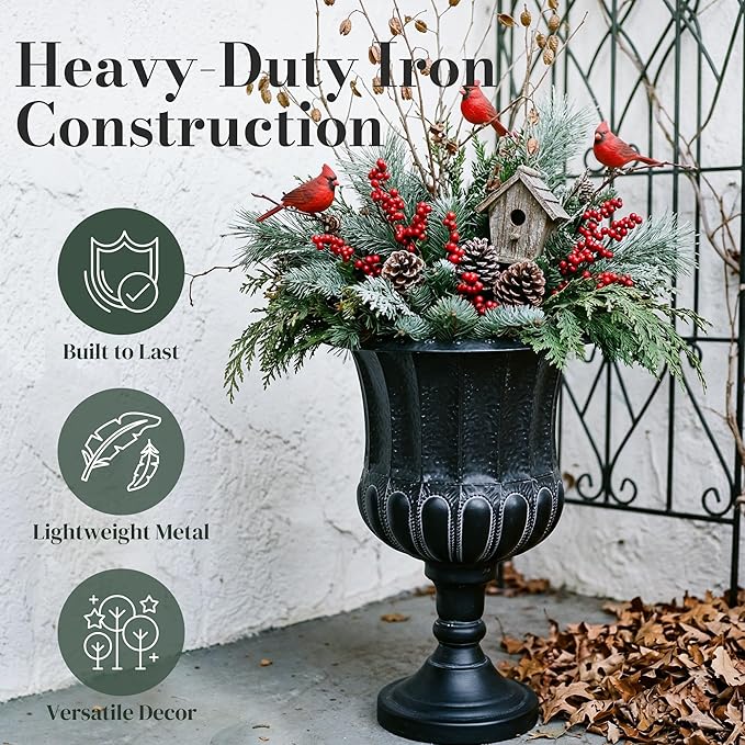 Worth Garden 25" H. Metal Urn Planters 2-Pack - Black Traditional Classic Iron Plant Pots - Large Decorative Rustic Flower Container for Patio, Front Porch, Outdoor Use