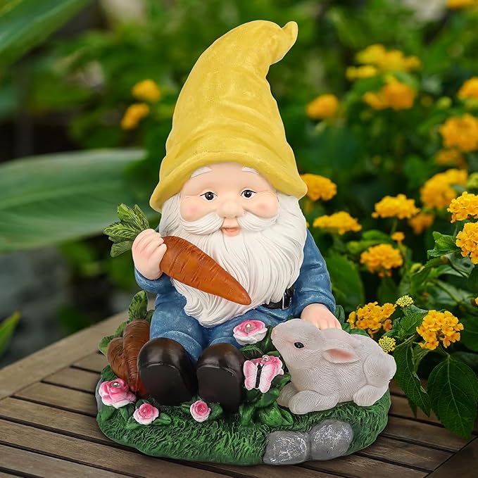 Solar Garden Outdoor Statues Gnome Feeding Rabbit with 6 LED Lawn Decor Outside Decorations for Patio, Balcony, Yard Ornament Unique Garden Gift