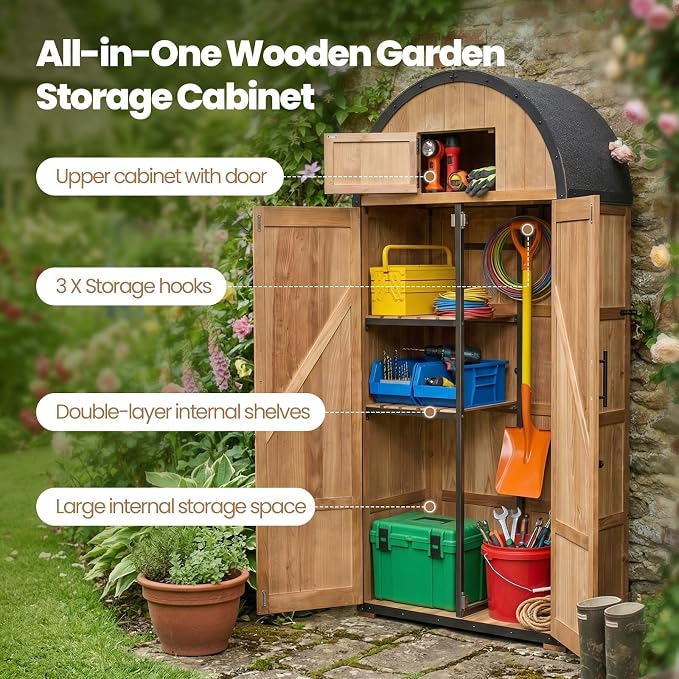 NORTHSKY All-in-One Outdoor Storage Shed, Waterproof Tool Garden Cabinet w/Domed Roof, Lockable Multi-Functional Organizer for Patio Lawn Backyard, 5 Storage Spaces & Double Doors - Solid Wood - Image 6