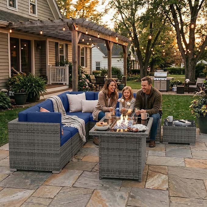 10 Pieces Patio Furniture Set with 44" Propane Gas Fire Pit Table, Outdoor Sectional Wicker Conversation Sofa Sets with Coffee Table