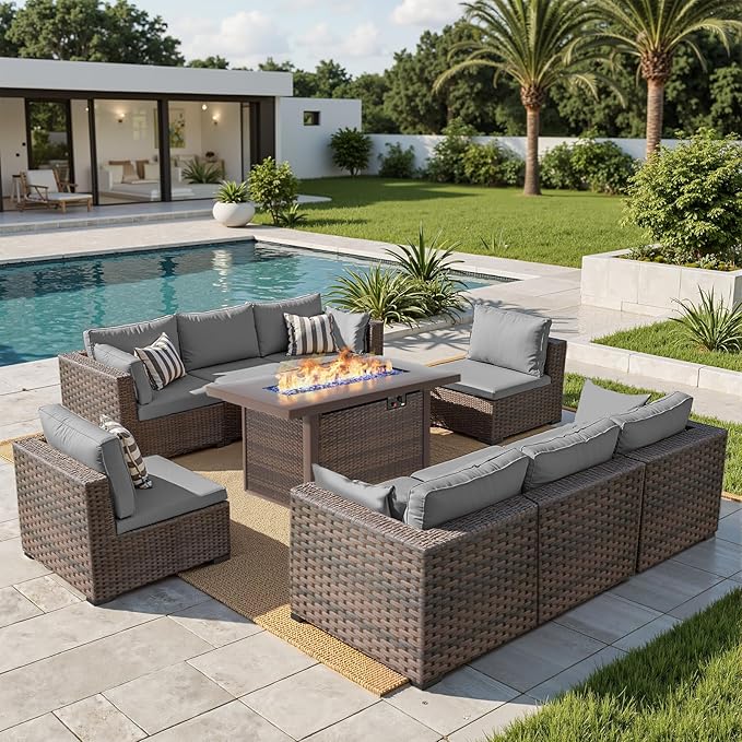 9 Piece Patio Furniture Set with 44" Fire Pit Table, Outdoor Sectional Couch, PE Rattan Patio Conversation Sets with 4inch Cushions for Backyard Grey