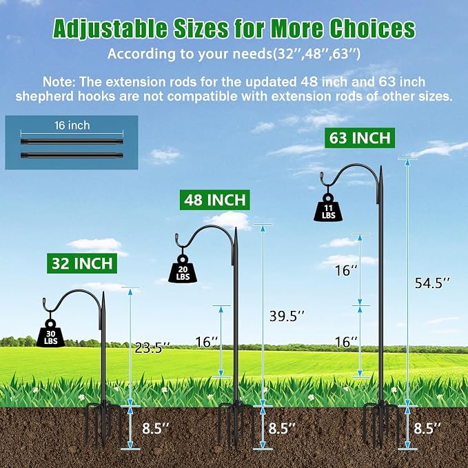 FEED GARDEN Adjustable Outdoor Shepherd Hook Bird Feeder Pole with 5 Prongs Base, 60 Inch Tall 5/8 Inch Thick, Heavy Duty Shepard Hook Stand for Hanging Bird Feeders, Plant Baskets, Black (1 Pack) - Image 2