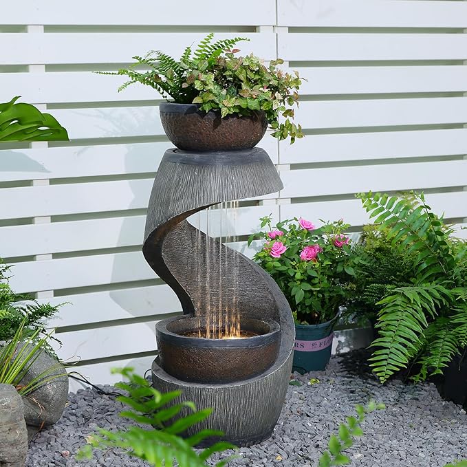31.9" S-Shaped Outdoor Water Fountain with Lights – Resin Waterfall Fountain Outdoor with Planter Bowl, Modern Grey Garden Water Feature for Patio, Balcony, Yard, Home Decor