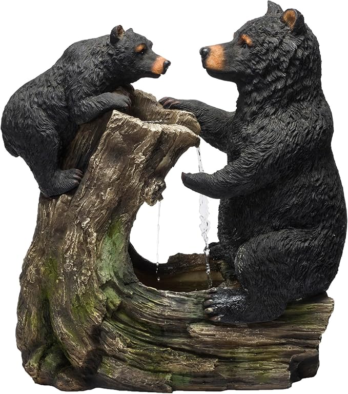 Alpine Corporation USA1132 Indoor/Outdoor Floor Bear and Cub on Log Fountain, Playful Bear and Cub Garden Fountain 26", Black