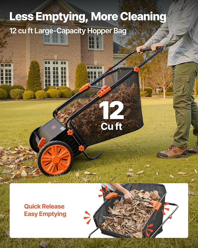 VEVOR Push Lawn Sweeper, 30 in Leaf & Grass Collector with 12 cu. ft. Hopper Bag, Adjustable Brush Height & Spinning Brushes, Heavy Duty Yard Sweeper with Rubber Wheels for Leaves Grass Cleanup - Image 6
