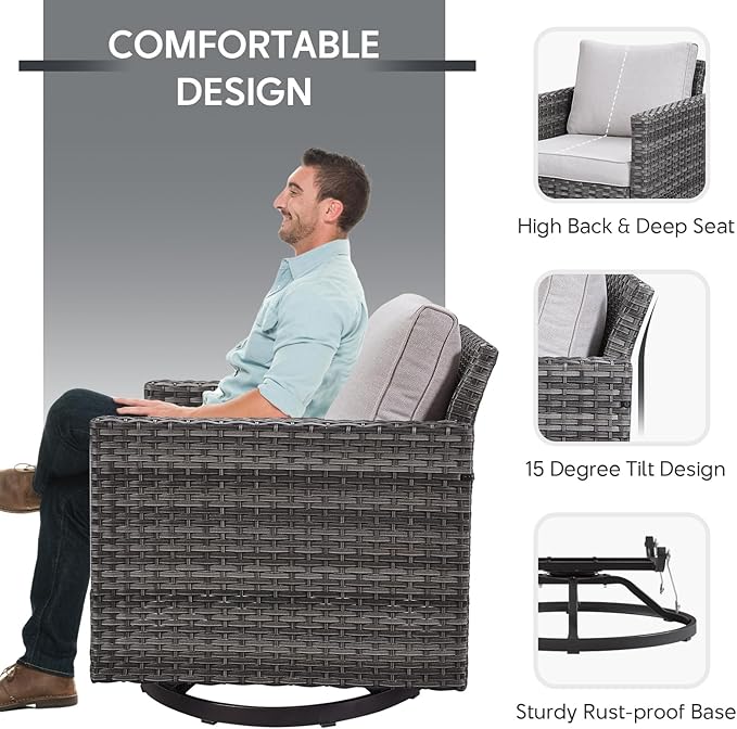 Outdoor Swivel Rocker Chairs Set of 4 with Fire Pit Table - 5 Peice Wicker Patio Furniture Set Conversation Set with 50,000 BTU Fire Pit for Deck Backyard - Grey Wicker Beige Cushion