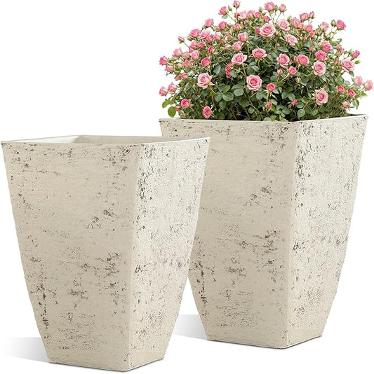 19" H Country White Square Planters for Outdoor Plants, Set of 2 Large Flower Pot with Drainage Hole, Weather-Resistant for Porch,Garden, Patio or Indoor Use