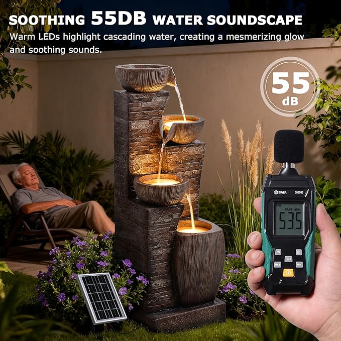 38.2" Tall Solar Powered Water Fountain for Outdoor,4 Tiers Modern Cascading Bowls and Stacked Stones Solar Fountains with LED Lights for Garden, Patio, Deck, Backyard and Home Art Decor