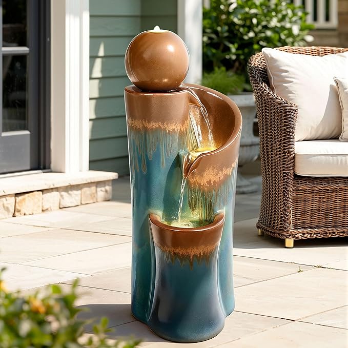 32" H Ceramic Outdoor Water Fountain with LED Lights, 3-Tier Cascading Sphere Water Feature, Tranquil Waterfall for Relaxing Garden, Patio, Yard, or Porch, Teal & Copper Drip-Glaze Finish