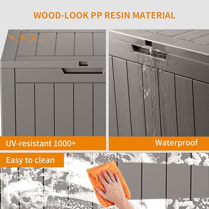 PatioZen 31 Gallon Resin Deck Box, Lockable Patio Outdoor Storage Box for Furniture, Garden Tools and Tools Storage, Waterproof Outside Storage Boxes - Grey - Image 3