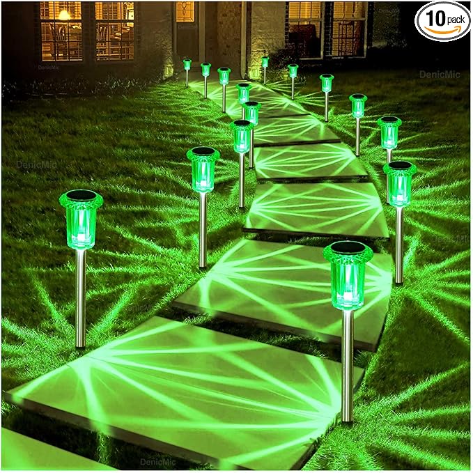 DenicMic St Patricks Day Decorations Solar Lights Outdoor 10 Pack Waterproof Green LED Stainless Steel Stake Outside Lights for Yard Pathway Garden Driveway Walkway Landscape Path Lighting