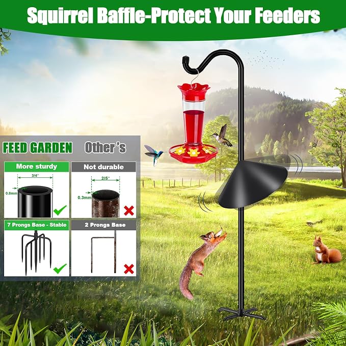 FEED GARDEN 92’’ Bird Feeder Pole Squirrel Proof 1 Pack, Adjustable Tall Shepherds Hooks for Outdoor with 7 Prongs Base, Heavy Duty Shepherd Hook with Baffles, Pole for Bird Feeder, Plant Baskets - Image 5