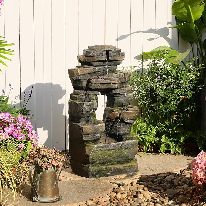 26.4" Outdoor Water Fountain with LED Lights, Stacked Rock Waterfall Fountain, Resin Garden Water Feature for Arch Design, Freestanding Patio, Yard