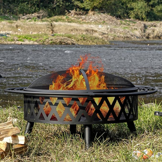 EcoNook 42 Inch Wood Burning Fire Pit with 2 Loops, Outdoor Fire Pit with Spark Screen & Fire Poker, Cross Weave Firepit for Outside Fireplace Bonfire for Yard,Patio, Garden by Unknown