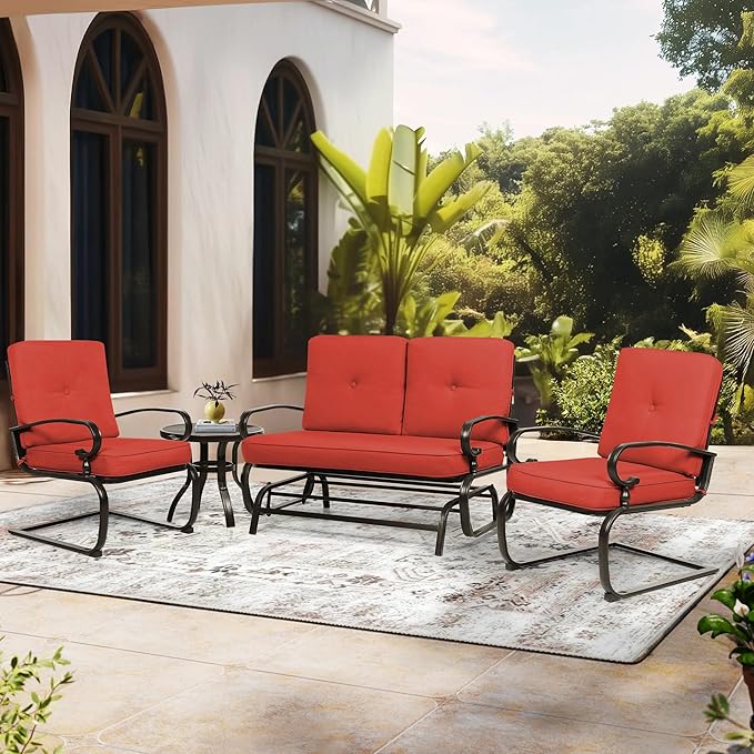 Incbruce 4Pcs Outdoor Metal Furniture Patio Conversation Sets (Glider, Bistro Table, 2 Spring Lounge Chairs) - Wrought Iron Outdoor Glider Chairs Sets (red)