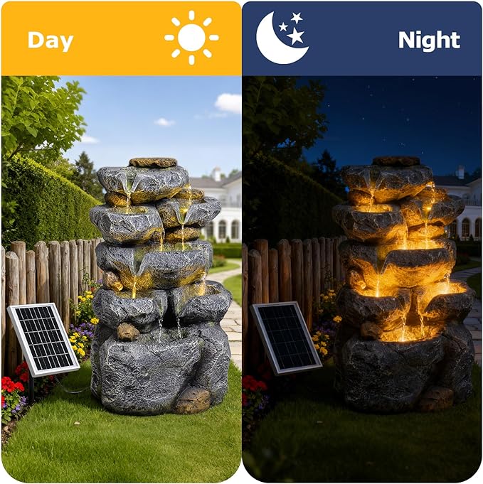 5 Tiered Solar Powered Water Fountain, Solar Water Fountain Outdoor Garden Cascading Rock Water Fall Fountains Outside with Lights for Backyard, Patio, Deck, Porch, 24" H x 13.39" L x 9.6" W
