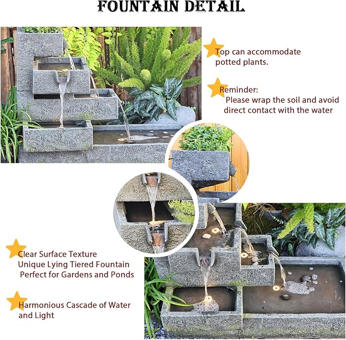 Tiered Water Fountain Outdoor Garden - Waterfall Indoor Freestanding Cascade Fountain Concrete Artistry Modern Style with LED Lights for Patio Yard Pool Home Decor,32.5 inches Long