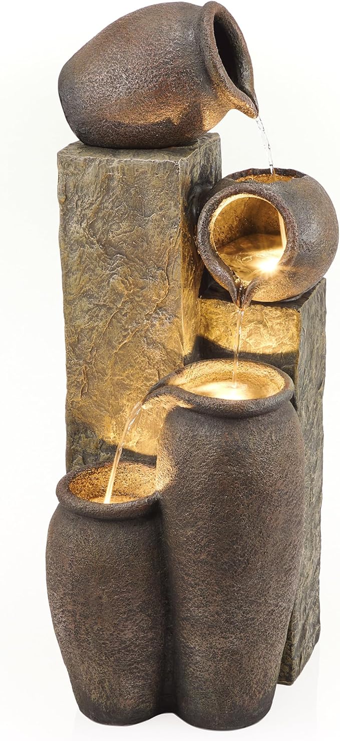 Alpine Corporation GIL140 43" Tall Indoor Outdoor Pottery Fountain with Replaceable LED Lights, Water Feature for Garden, Patio, and Home Decor, Brown
