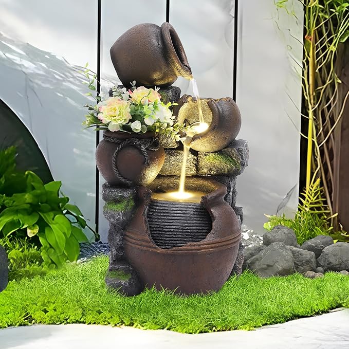 TITIMO Outdoor Water Fountain with Flower Pot and Lights - Cascading Pitchers Farmhouse Fountains and Waterfalls, Garden Fountain Patio Decor, Waterfall Fountains Indoor and Outdoor