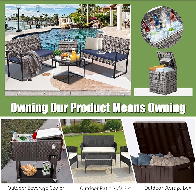 FHFO 5 Piece Outdoor Patio Furniture Set with 28”Gas Fire Pit Table & Ice Bucket Storage Box, Outdoor Wicker Rattan Patio Conversation Set for Outside, Poolside, Balcony, Porch, Grey-Blue