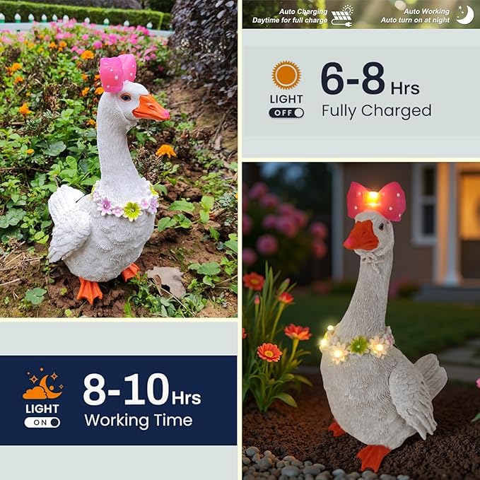 Solar Porch Goose Statue with Glowing Goose Outfits, 12 inch Resin White Goose Customizable Outdoor Garden Decor, Funny Duck Sculptures for Garden Stairs, Farm, Yard, Patio, Lawn, Easter Mom Gifts