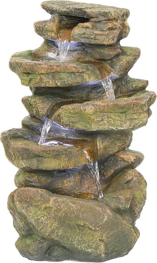 Alpine Corporation 20" H Outdoor Multi-Level Rock Floor Fountain with LED Lights, Brown