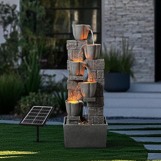 Solar Powered Water Fountain-36.2in.Tall Floor-Standing Outdoor Fountains with Tulip Design - Natural 4 Tiers Waterfall Water Feature for Outside Garden,Backyard,Lawn Decor,Grey