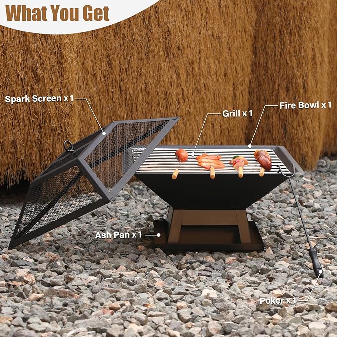 19.8inch Portable Small Fire Pit with a Removable Ash Pan, Fire Poker, Mesh Lid, 2 in 1 Square Outdoor Fireplace for BBQ, Outside Heating, Bonfire Party, Camping, Backyard, Patio, RV Trip - Image 3