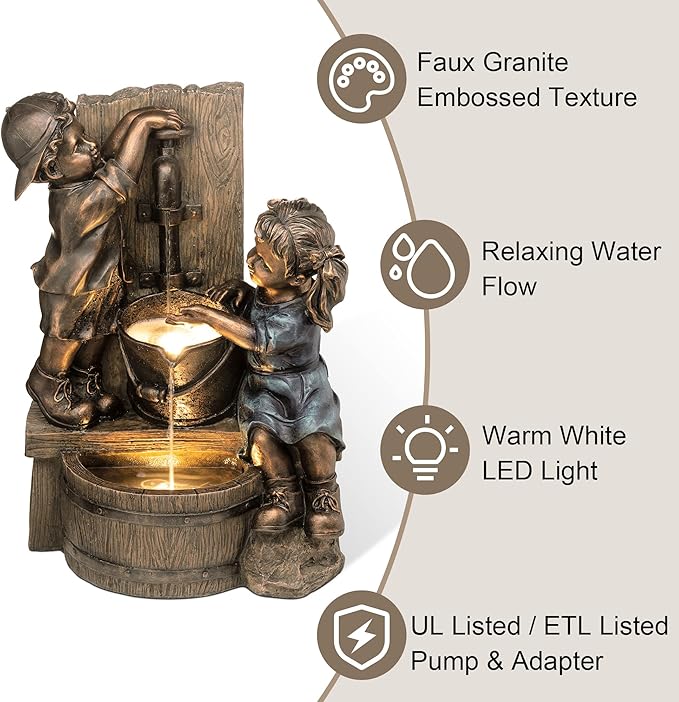 Glitzhome Outdoor Water Fountain with LED Light, Children Playing with Faucet Waterfall Fountains, Antique Bronze Resin Boy and Girl Statue Outdoor Waterfall Fountain for Patio Backyard Garden, 25”H