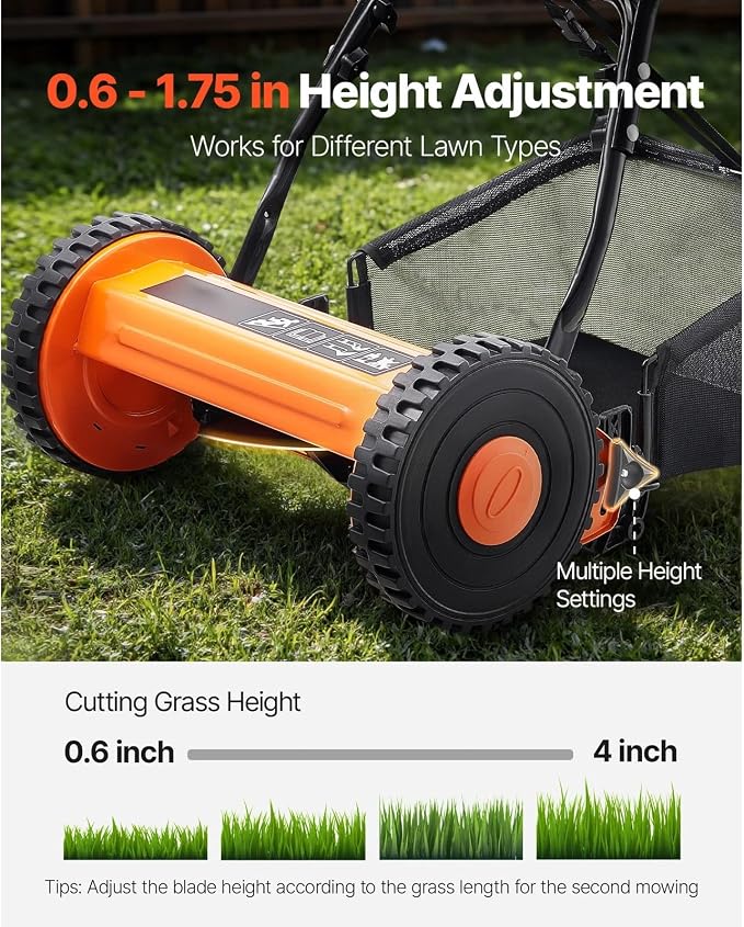 14" Manual Push Reel Lawn Mower 5-Blade Adjustable Height Grass Catcher 2 Wheels - Image 4