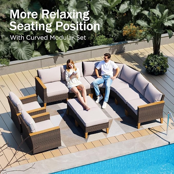 PHI VILLA 7-Piece Curved Patio Furniture Set, Half-Moon Wicker Sectional Furniture Sofa Set for 8 Seats with Cushioned 1 Curved Sectionals, 2 armless Seats, 2 one armrest Sofas and 2 Ottomans, Beige