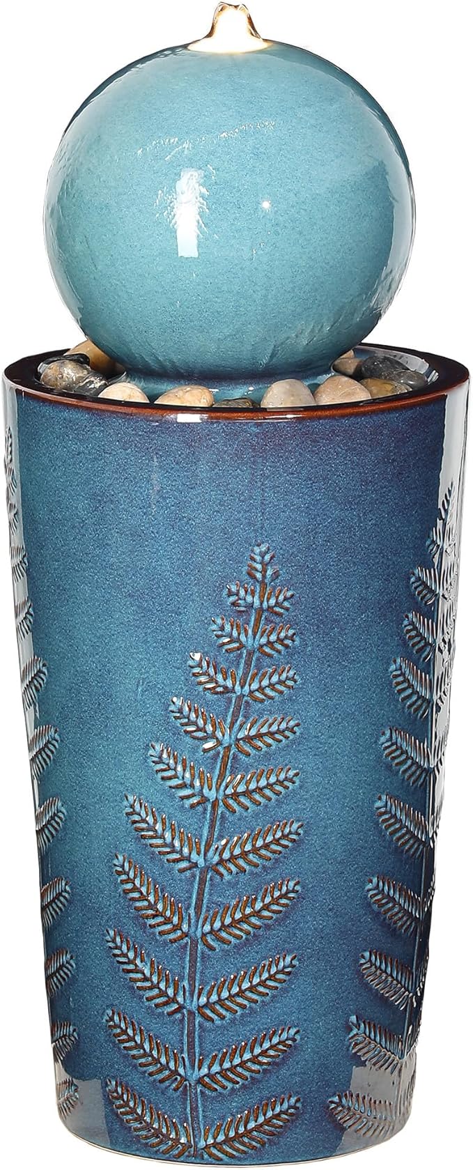 29.5" H Ceramic Sphere Water Fountain with LED Lights, Modern Nature-Inspired Design, Teal Blue Glaze with Leaf Patterns & Pebbles, Soothing Trickling Water Feature for Patio, Yard and Garden