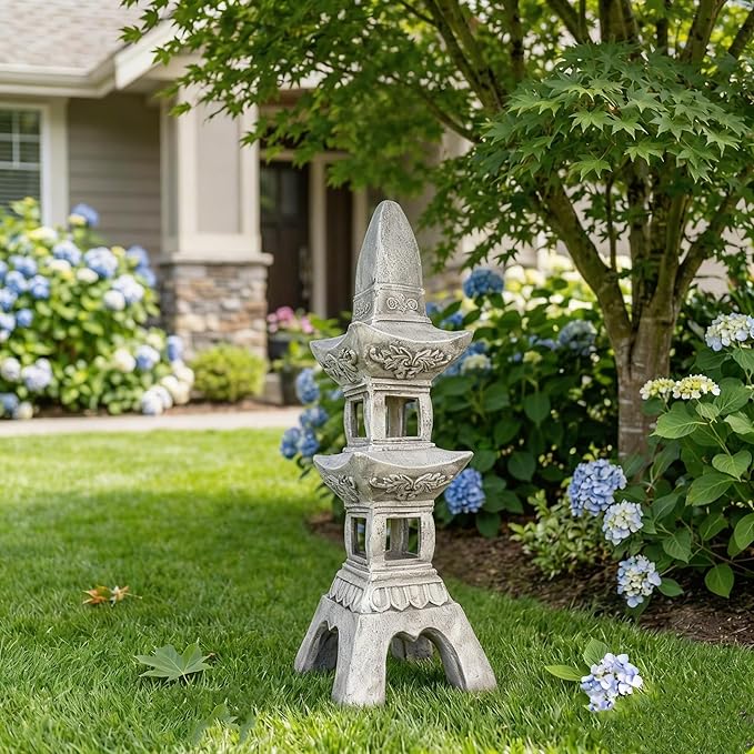35.5’’High Asian Zen Pagoda Magnesium Oxide Tall Lantern Statue Outdoor Sculpture for Garden Backyard Decor Pagoda Statue Miniature Tower Lantern Landscape Garden Decoration