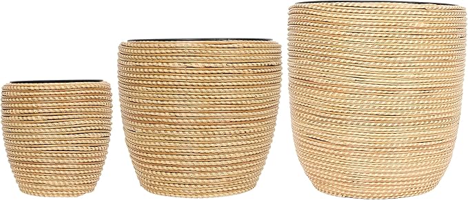 Alpine Corporation Indoor/Outdoor Poly Rattan Planters with Removable Inserts, Aesthetic Lawn and Garden Decor, Beige - Set of 3 Sizes