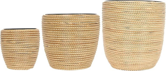 Alpine Corporation Indoor/Outdoor Poly Rattan Planters with Removable Inserts, Aesthetic Lawn and Garden Decor, Beige - Set of 3 Sizes