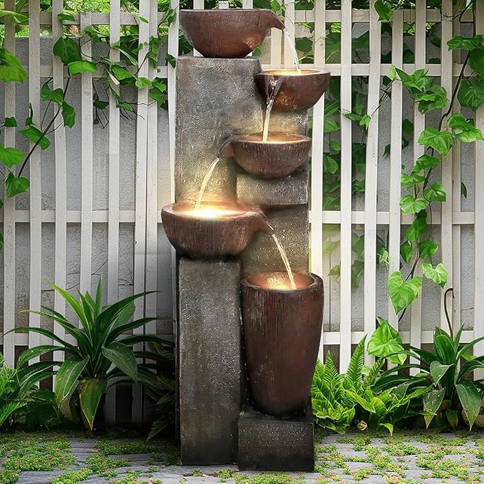 SunJet 5-Tier Outdoor Water Fountain Resin Fountain Decor with LED Lighting Natural Polyresin Looking Stone Decor for Garden Patio Fold Court Yard Deck 12.99" L x 13.78" W x 39.76" H