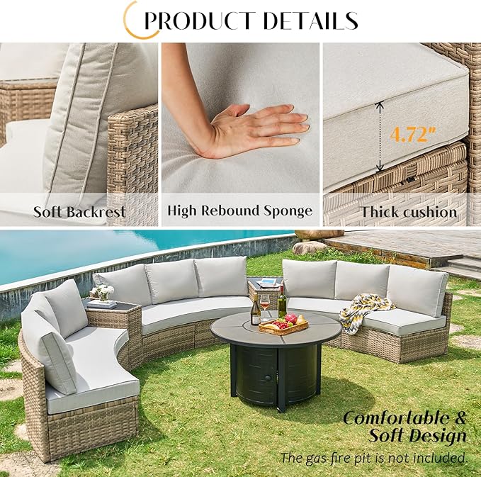 PaPaJet 11-Piece Patio Furniture Set with Large Storage Wedge Table, Half-Moon Wicker Sectional Sofa with Cushions, Waterproof Rattan Outdoor Conversation Set for Beach, Pool, Garden & Balcony, Beige