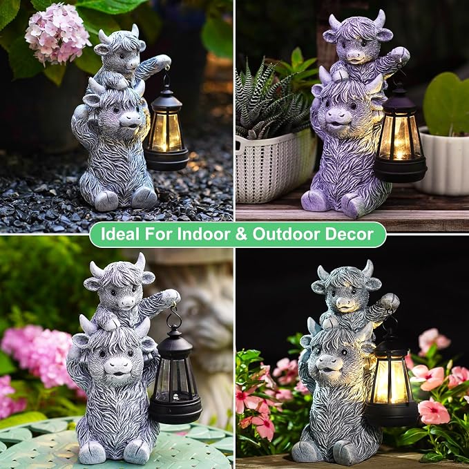 Goodeco 9.5 Inch Highland Cow with Solar Lantern – Resin Garden Decor, Outdoor Statue & Unique Highland Cow Gifts (Gray) - Image 7