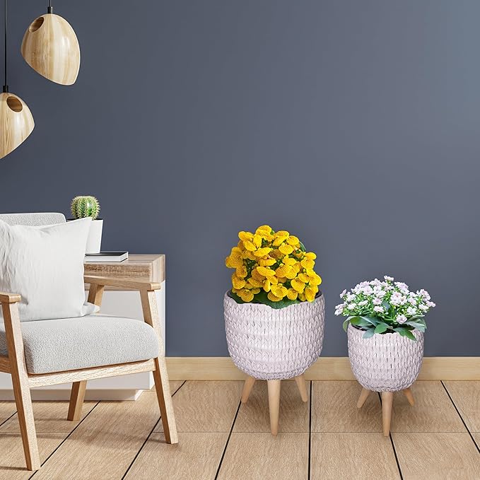 Alpine Corporation Indoor/Outdoor Poly Rattan Planters with Removable Inserts, Aesthetic Lawn and Garden Decor, White - Set of 3 Sizes